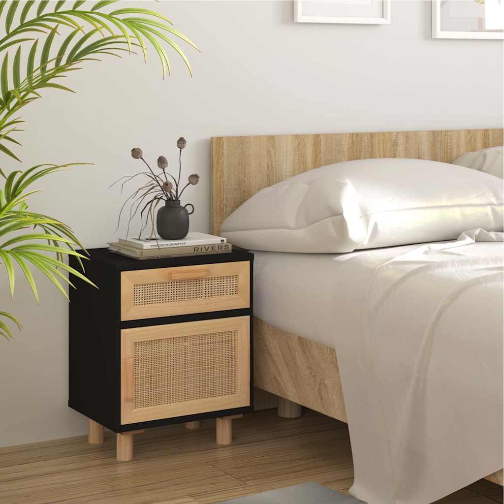 Nachttisch Schwarz Massivholz Kiefer und Natur-Rattan