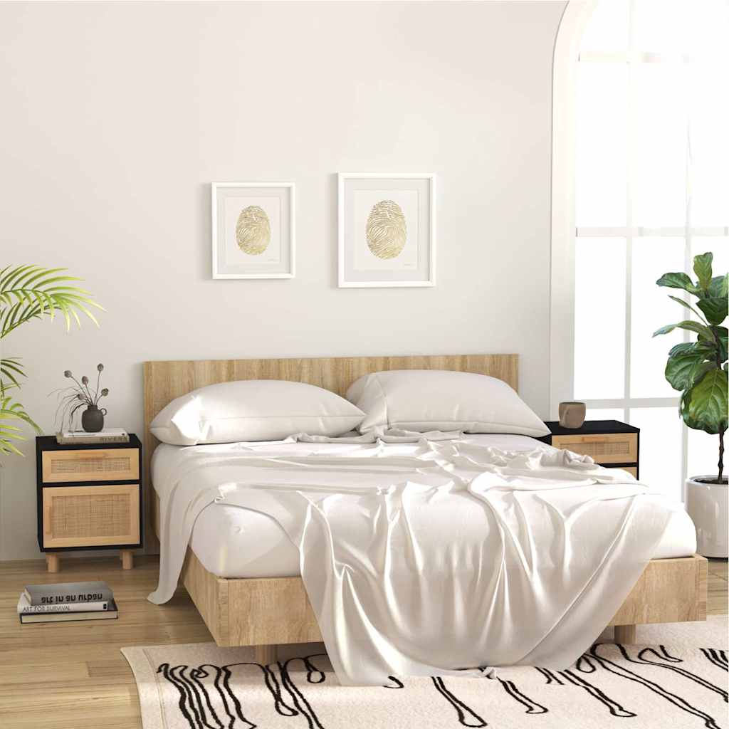 Nachttische 2 Stk. Schwarz Massivholz Kiefer und Natur-Rattan