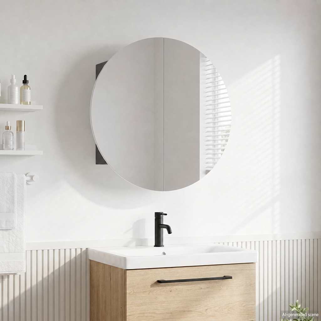 Badezimmerschrank mit Rundem Spiegel & LED Grau 40x40x17,5 cm
