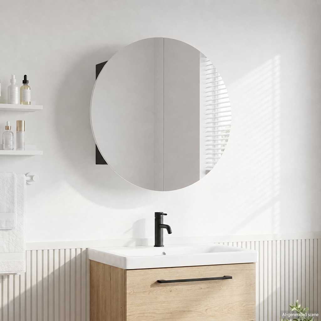 Badezimmerschrank mit Rundem Spiegel & LED Schwarz 47x47x17,5cm
