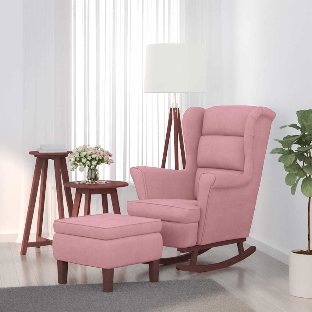 Schaukelstuhl Ohrensessel Rosa Samt und Massivholz