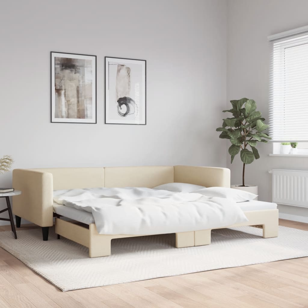 Tagesbett Ausziehbar Creme 100x200 cm Stoff