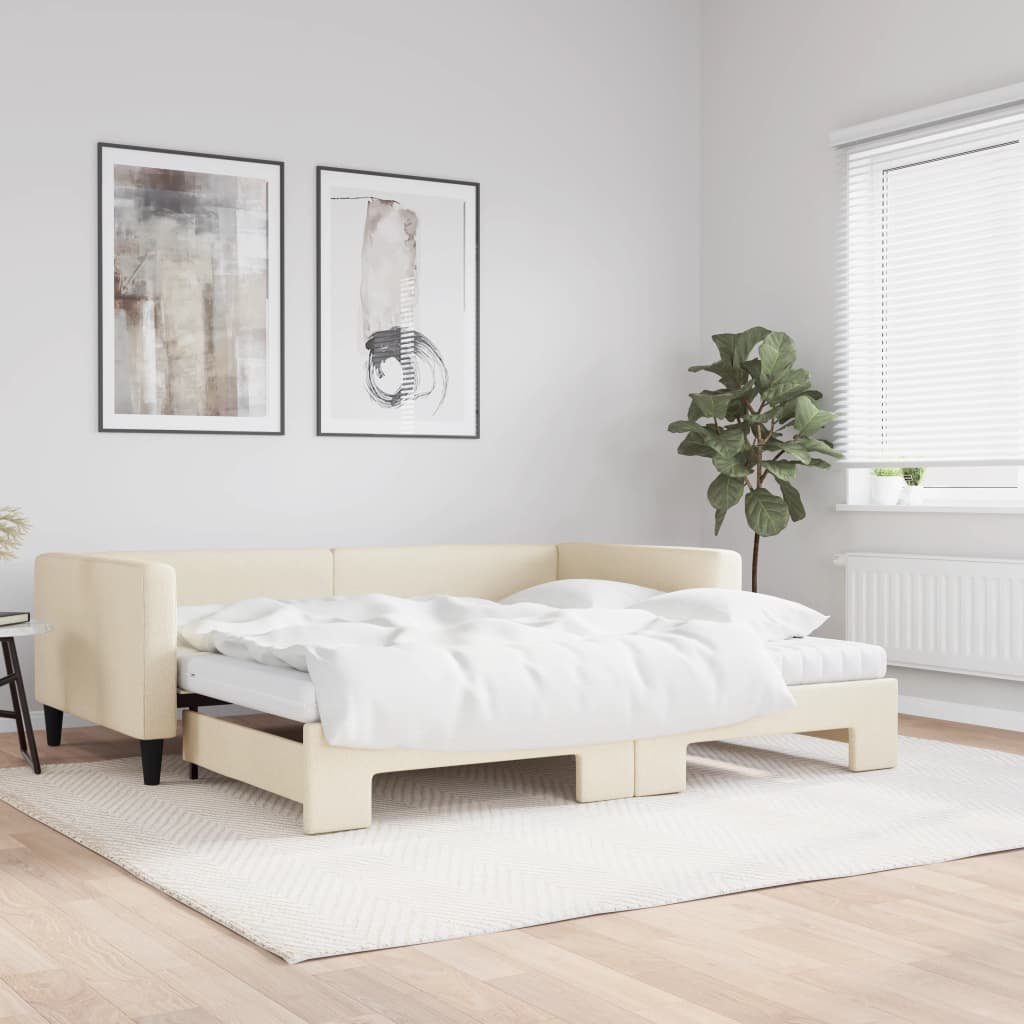 Tagesbett Ausziehbar mit Matratzen Creme 100x200 cm Stoff