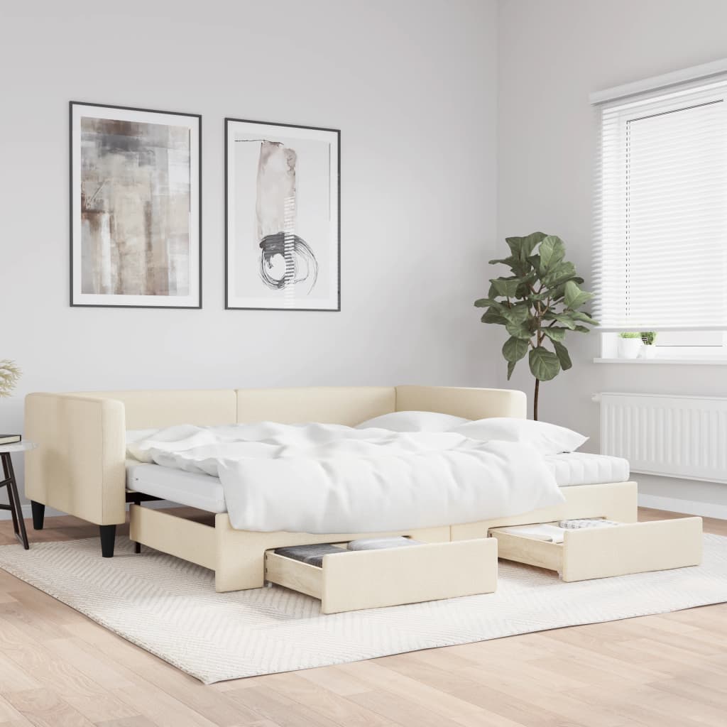 Tagesbett Ausziehbar mit Schubladen Creme 100x200 cm Stoff