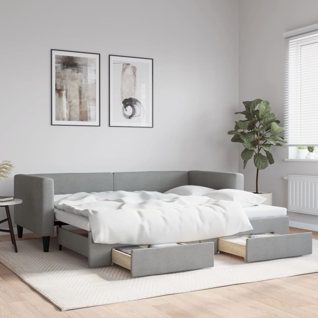 Tagesbett Ausziehbar mit Schubladen Hellgrau 100x190 cm Stoff