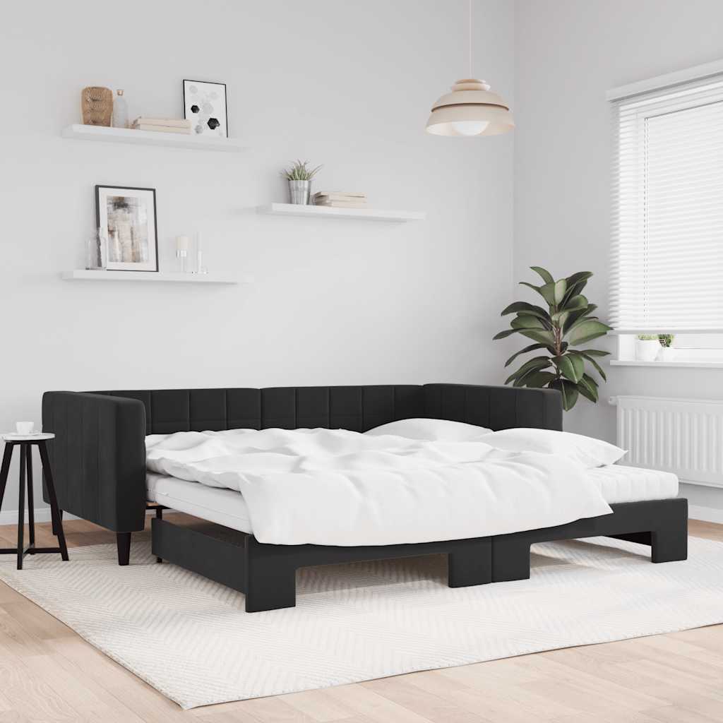 Tagesbett Ausziehbar mit Matratzen Schwarz 100x200 cm Samt