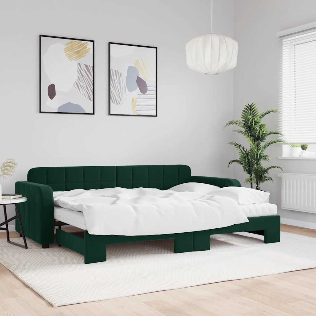 Tagesbett Ausziehbar mit Matratzen Dunkelgrün 80x200 cm Samt