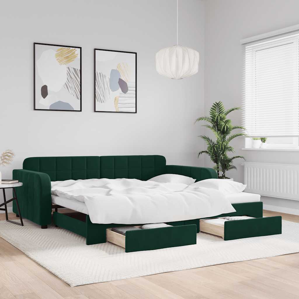 Tagesbett Ausziehbar mit Schubladen Dunkelgrün 100x200 cm Samt