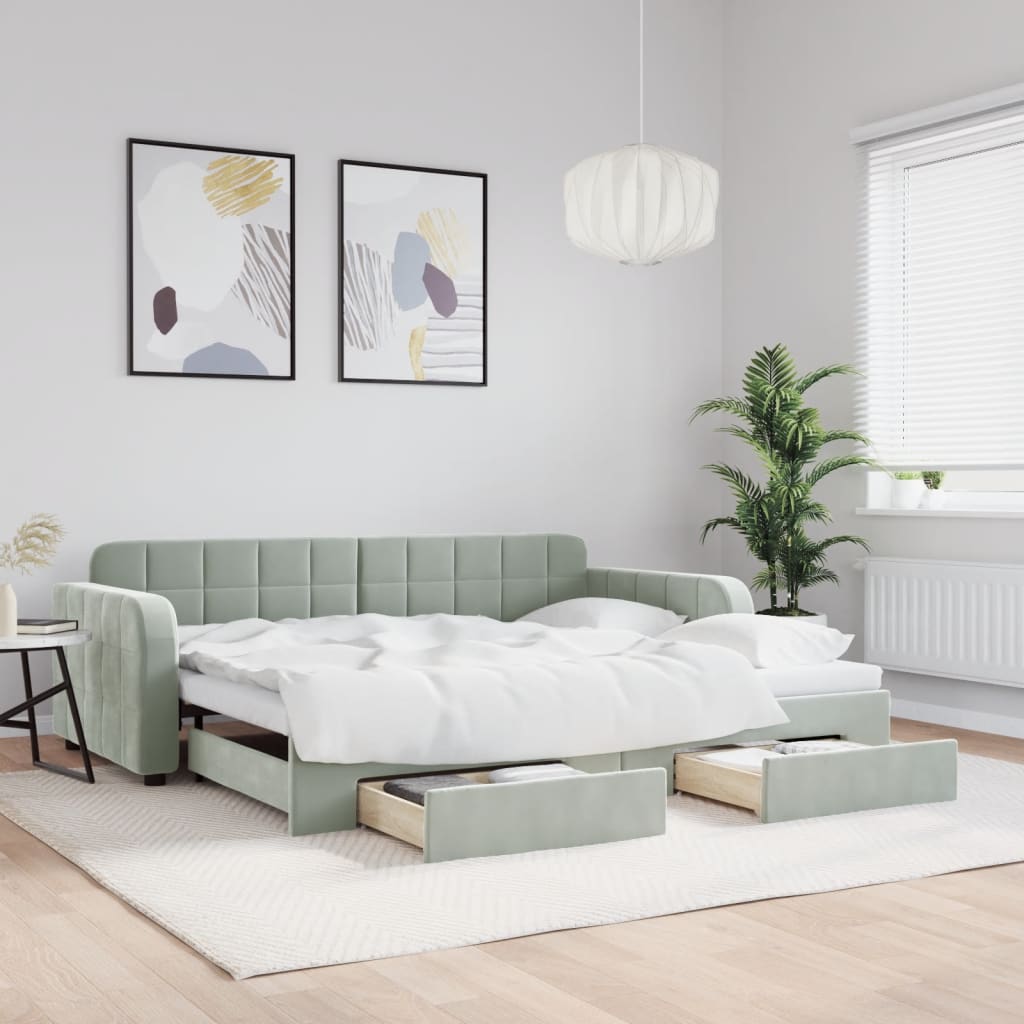 Tagesbett Ausziehbar mit Schubladen Hellgrau 90x190 cm Samt