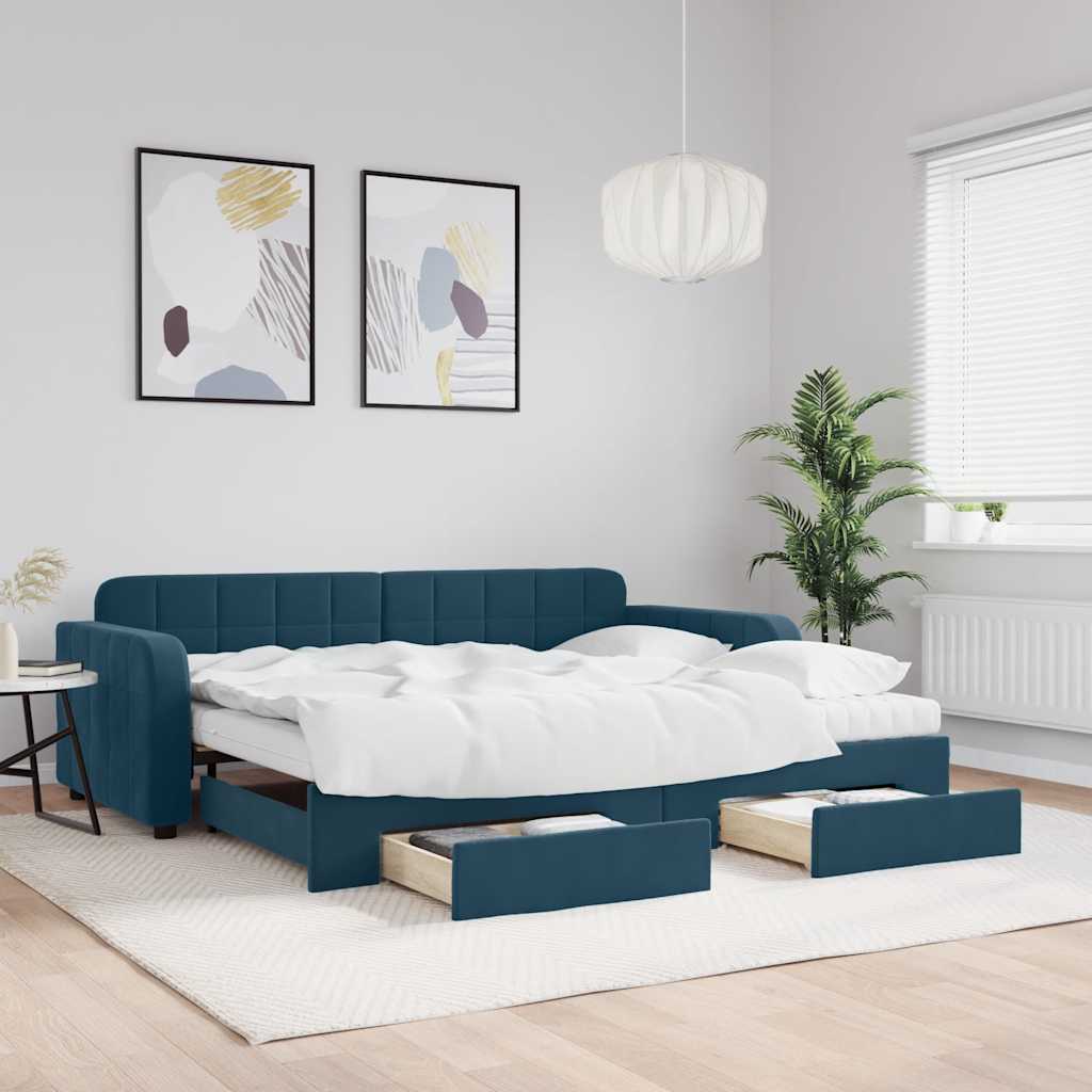 Tagesbett Ausziehbar mit Schubladen Blau 90x200 cm Samt