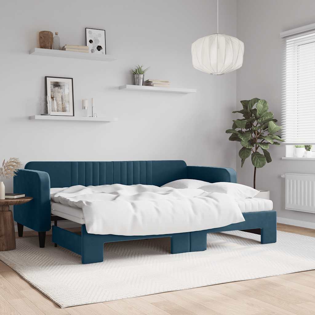 Tagesbett Ausziehbar mit Matratzen Blau 80x200 cm Samt