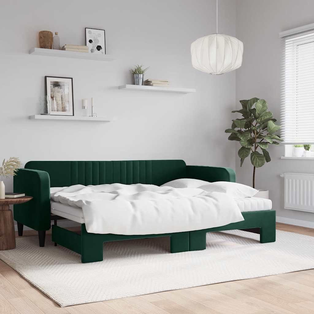 Tagesbett Ausziehbar mit Matratzen Dunkelgrün 80x200 cm Samt