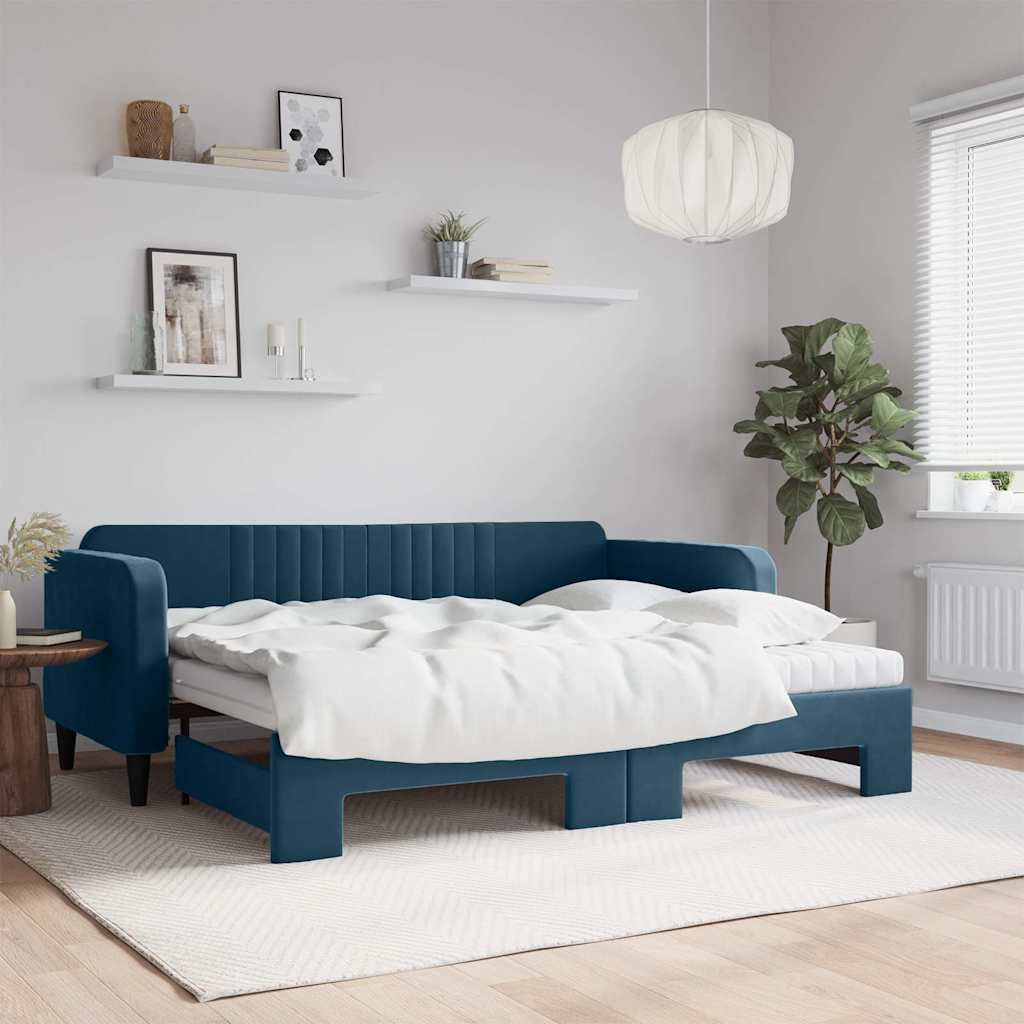 Tagesbett Ausziehbar mit Matratzen Blau 90x200 cm Samt