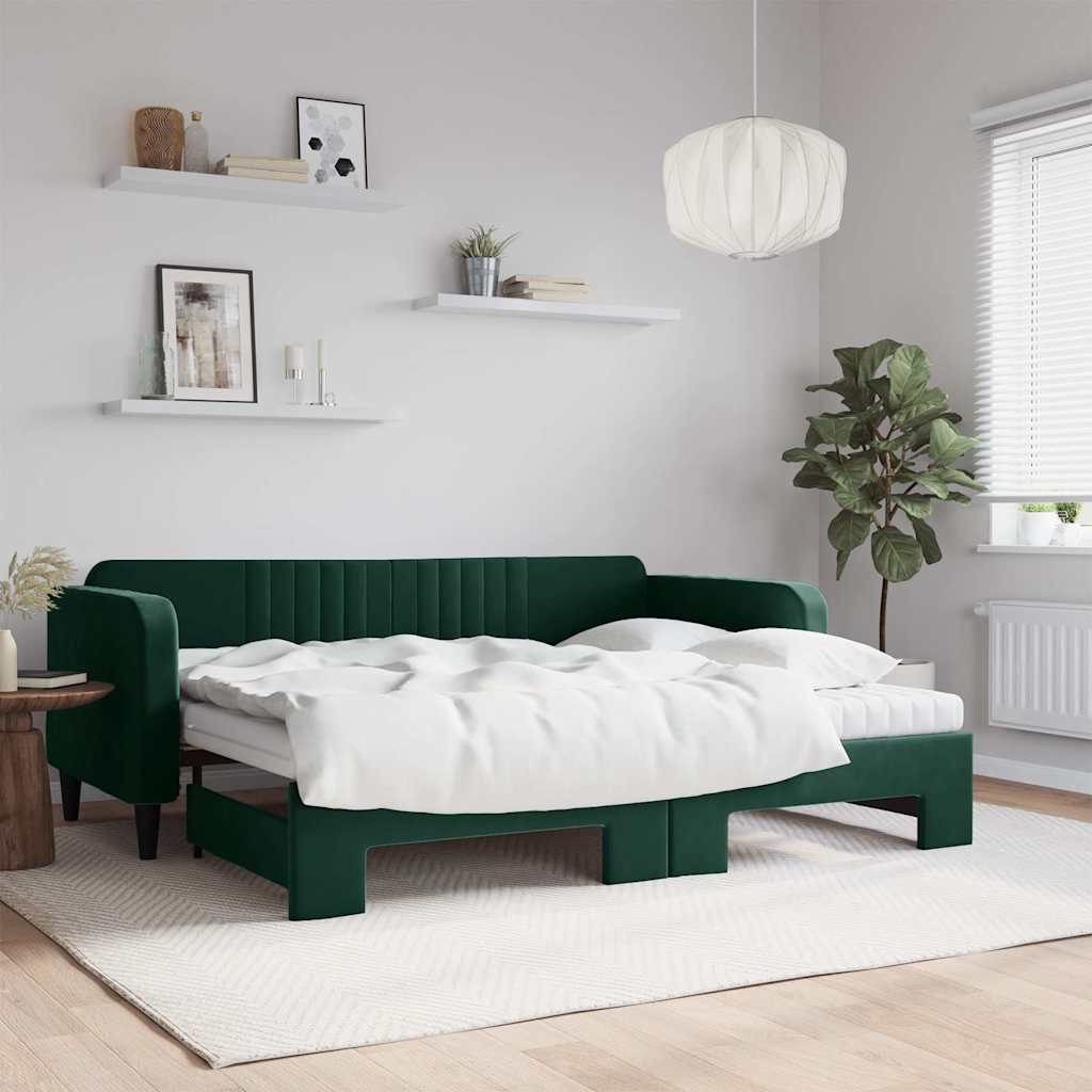 Tagesbett Ausziehbar mit Matratzen Dunkelgrün 90x200 cm Samt