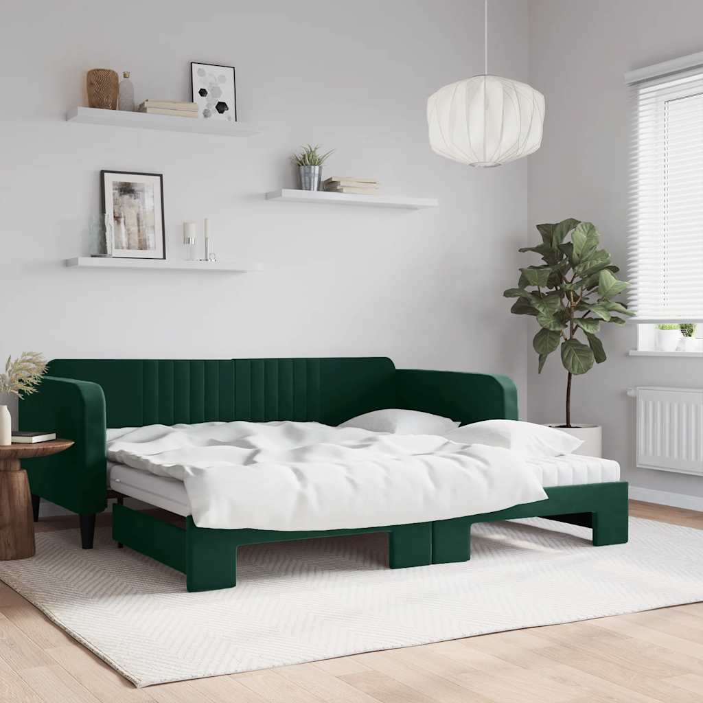 Tagesbett Ausziehbar mit Matratzen Dunkelgrün 100x200 cm Samt