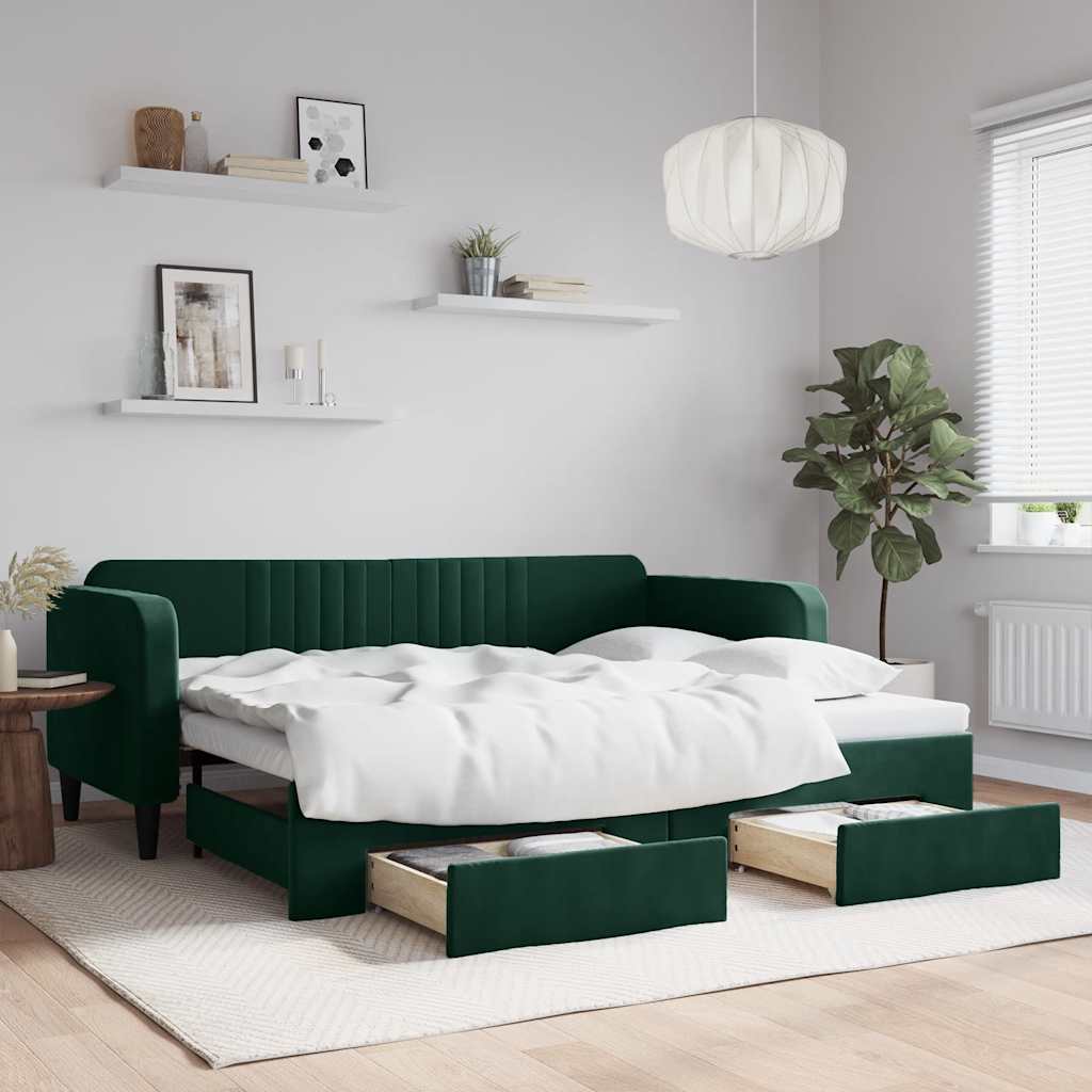 Tagesbett Ausziehbar mit Schubladen Dunkelgrün 90x200 cm Samt