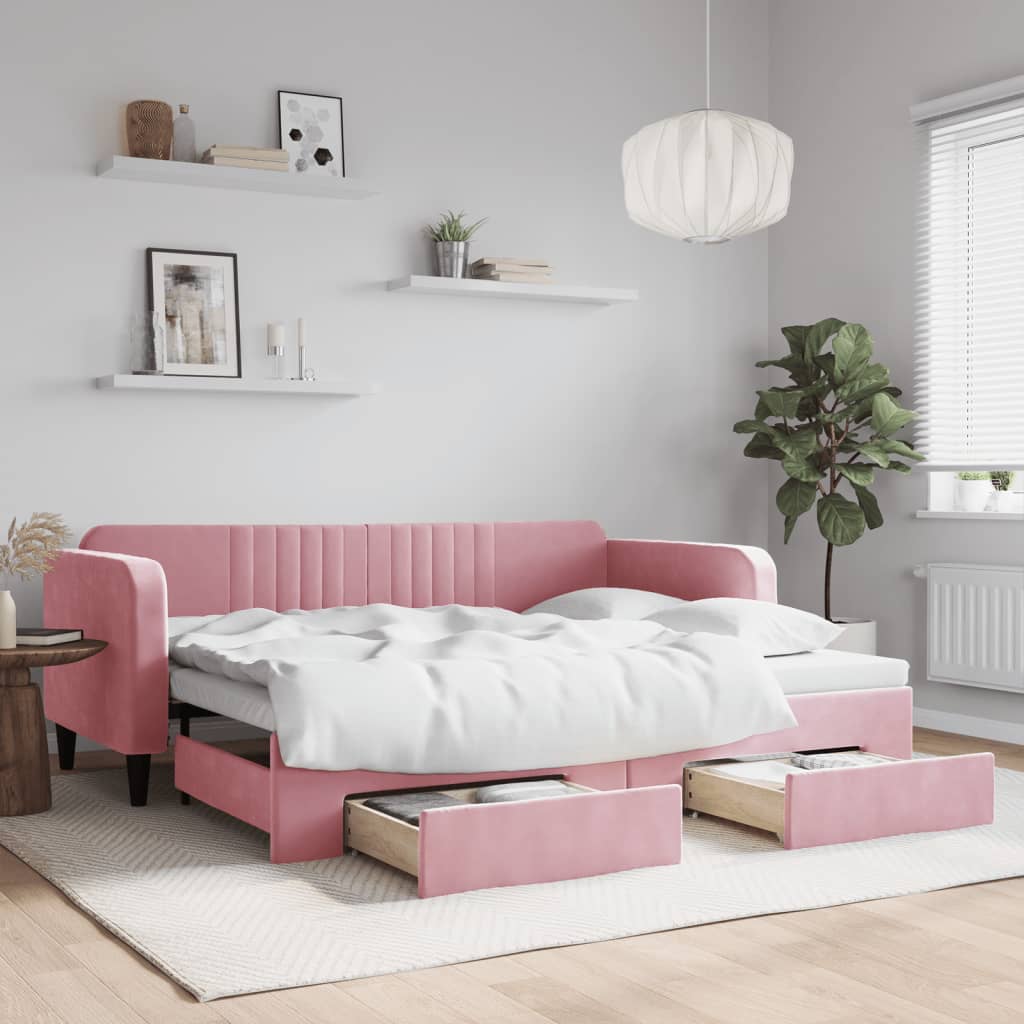 Tagesbett Ausziehbar mit Schubladen Rosa 90x200 cm Samt