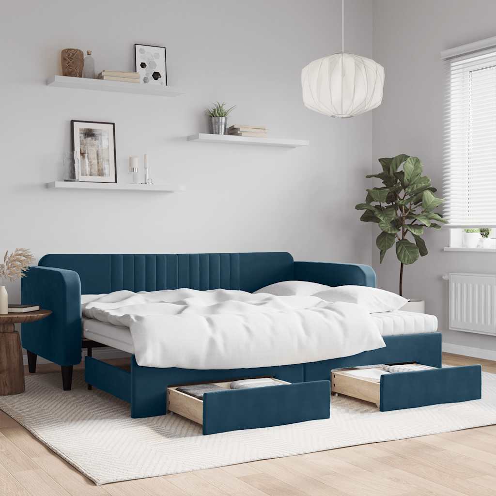 Tagesbett Ausziehbar mit Schubladen Blau 90x200 cm Samt