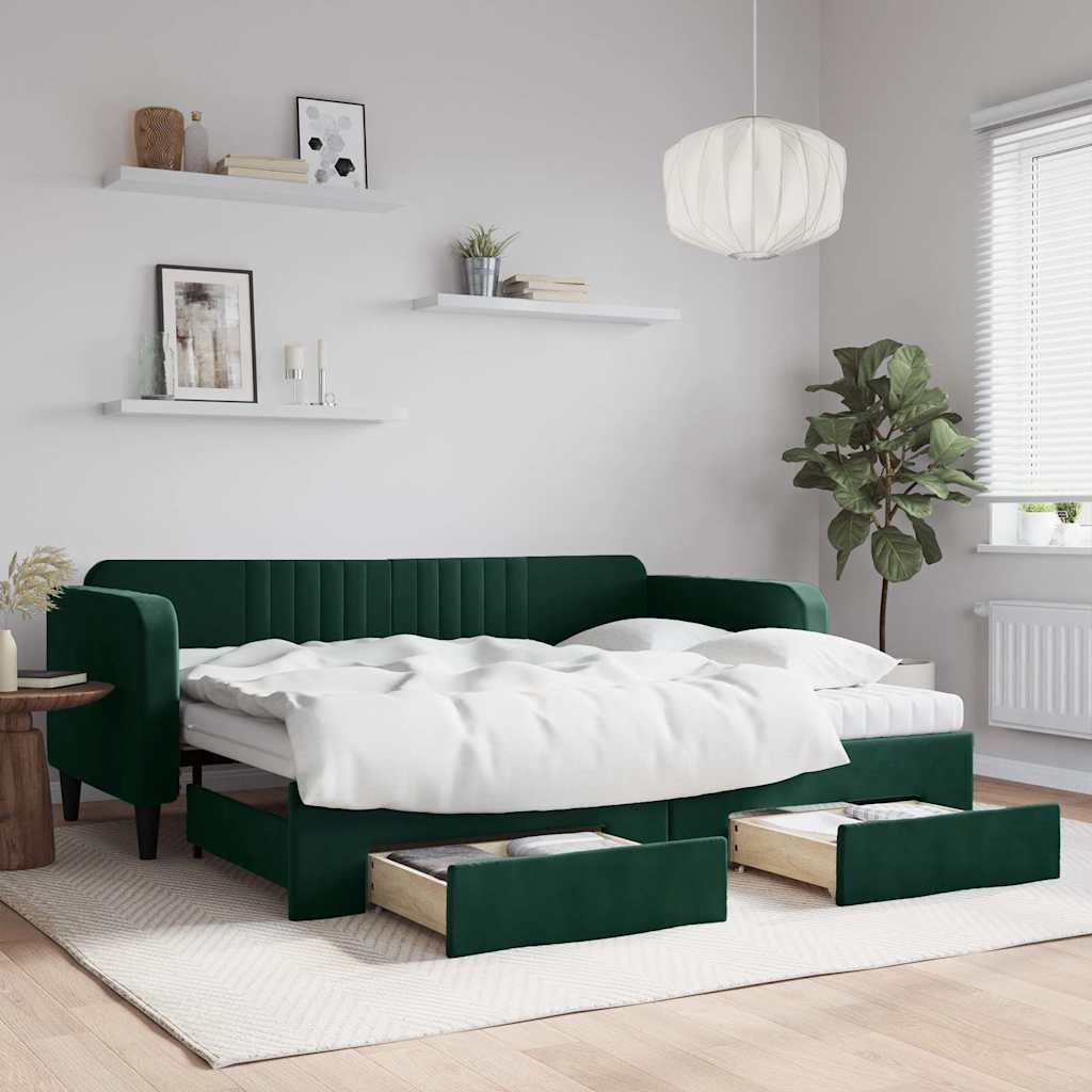 Tagesbett Ausziehbar mit Schubladen Dunkelgrün 90x200 cm Samt