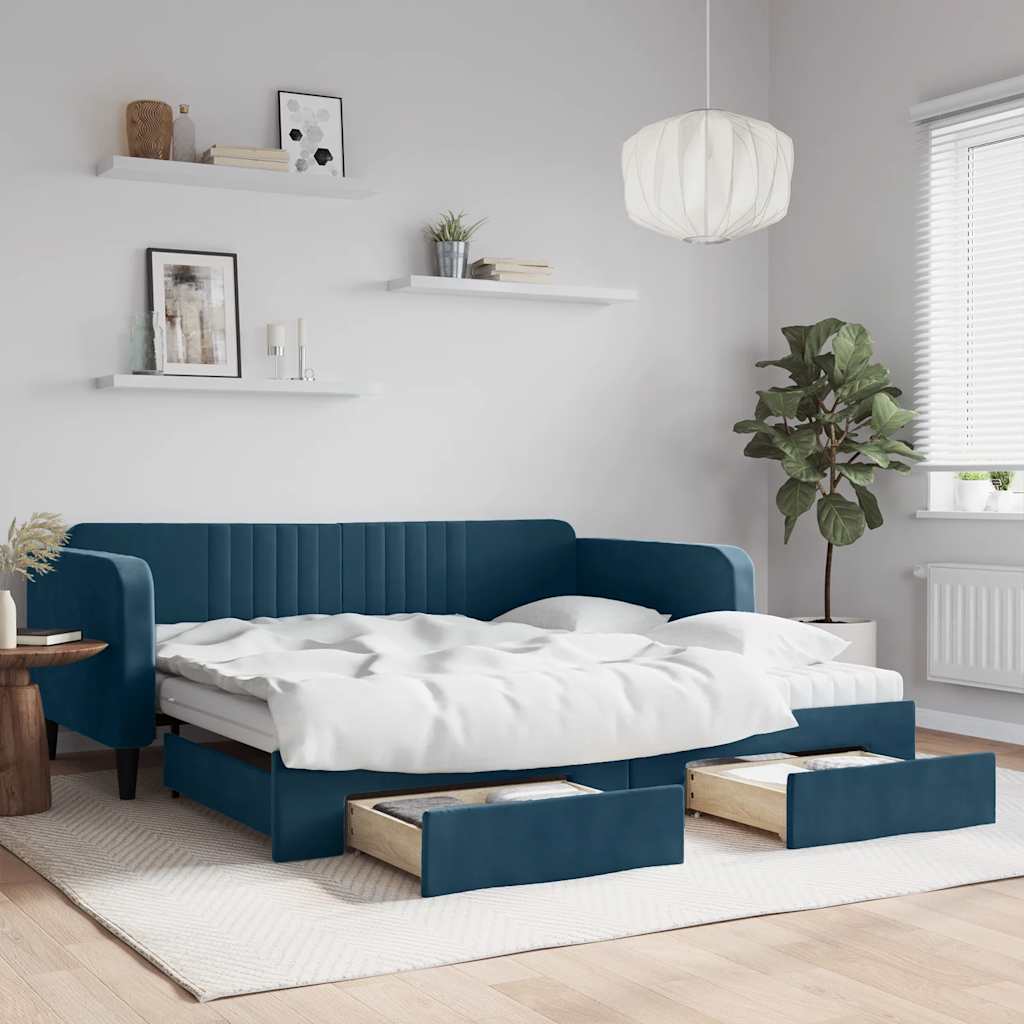 Tagesbett Ausziehbar mit Schubladen Blau 100x200 cm Samt