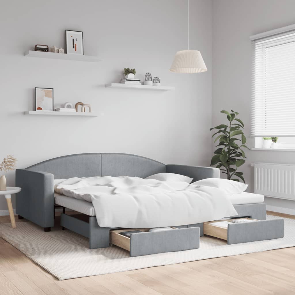 Tagesbett Ausziehbar mit Schubladen Hellgrau 100x190 cm Stoff
