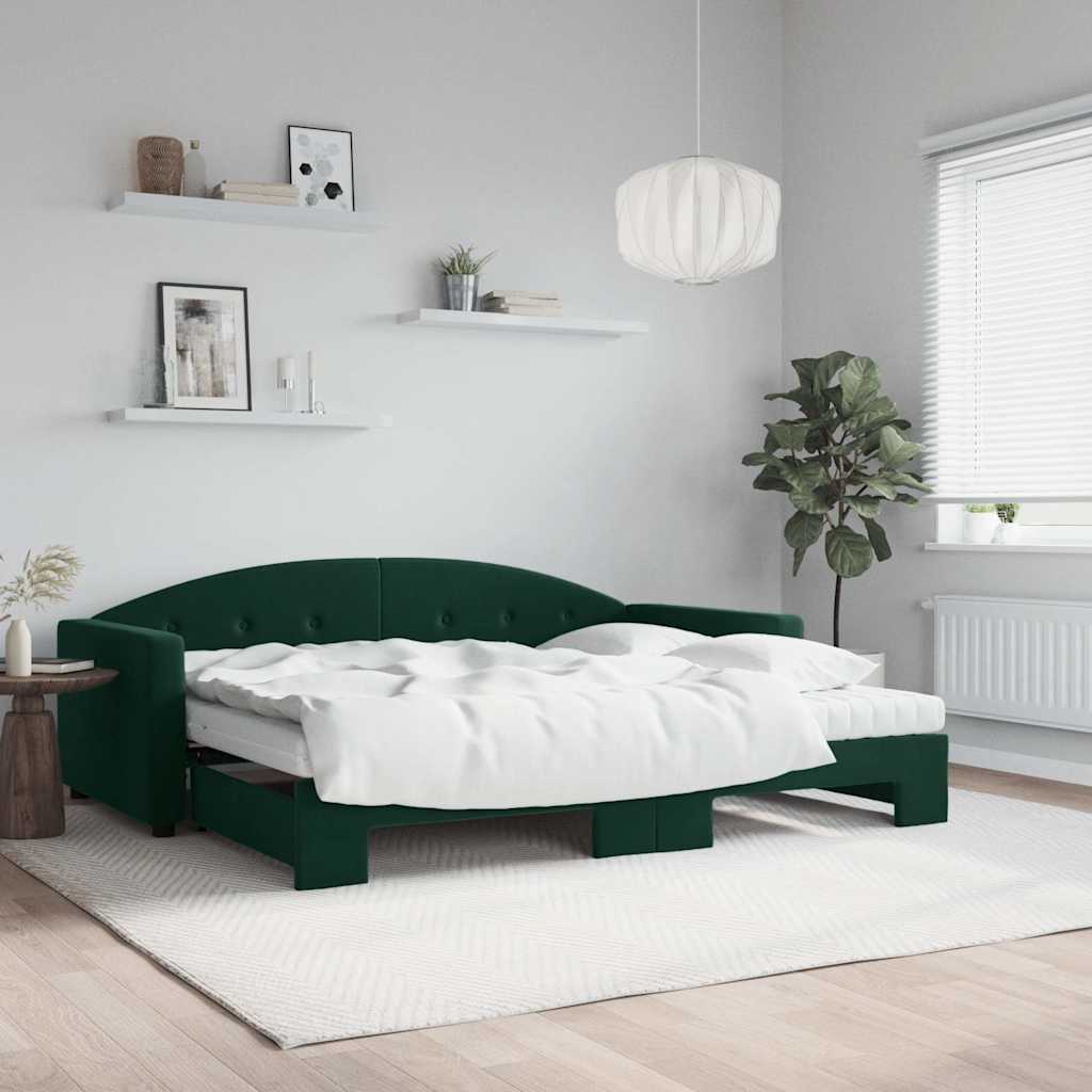 Tagesbett Ausziehbar mit Matratzen Dunkelgrün 90x200 cm Samt