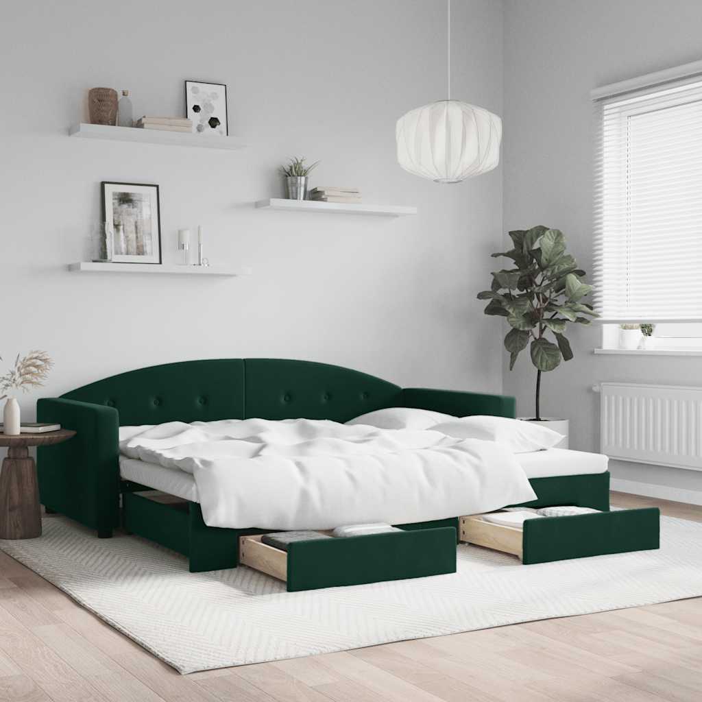 Tagesbett Ausziehbar mit Schubladen Dunkelgrün 90x200 cm Samt