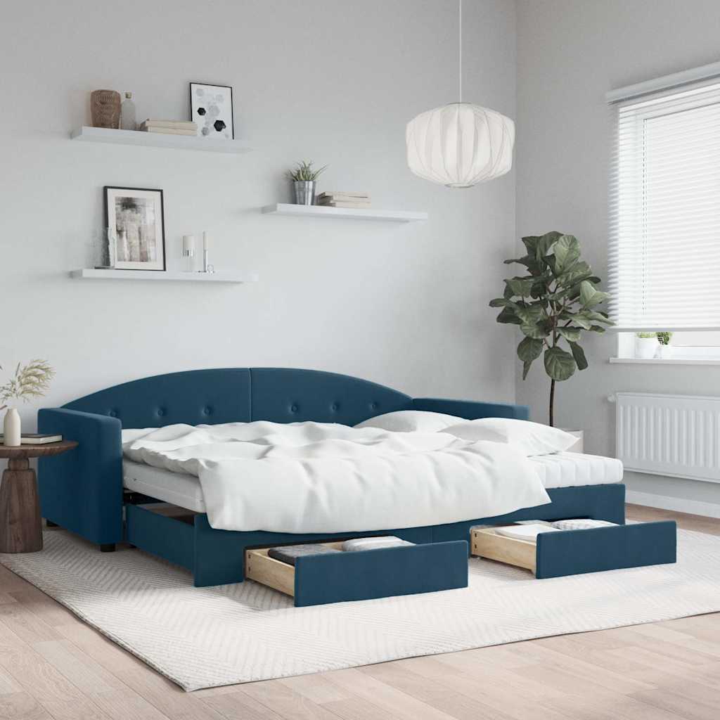 Tagesbett Ausziehbar mit Schubladen Blau 90x200 cm Samt