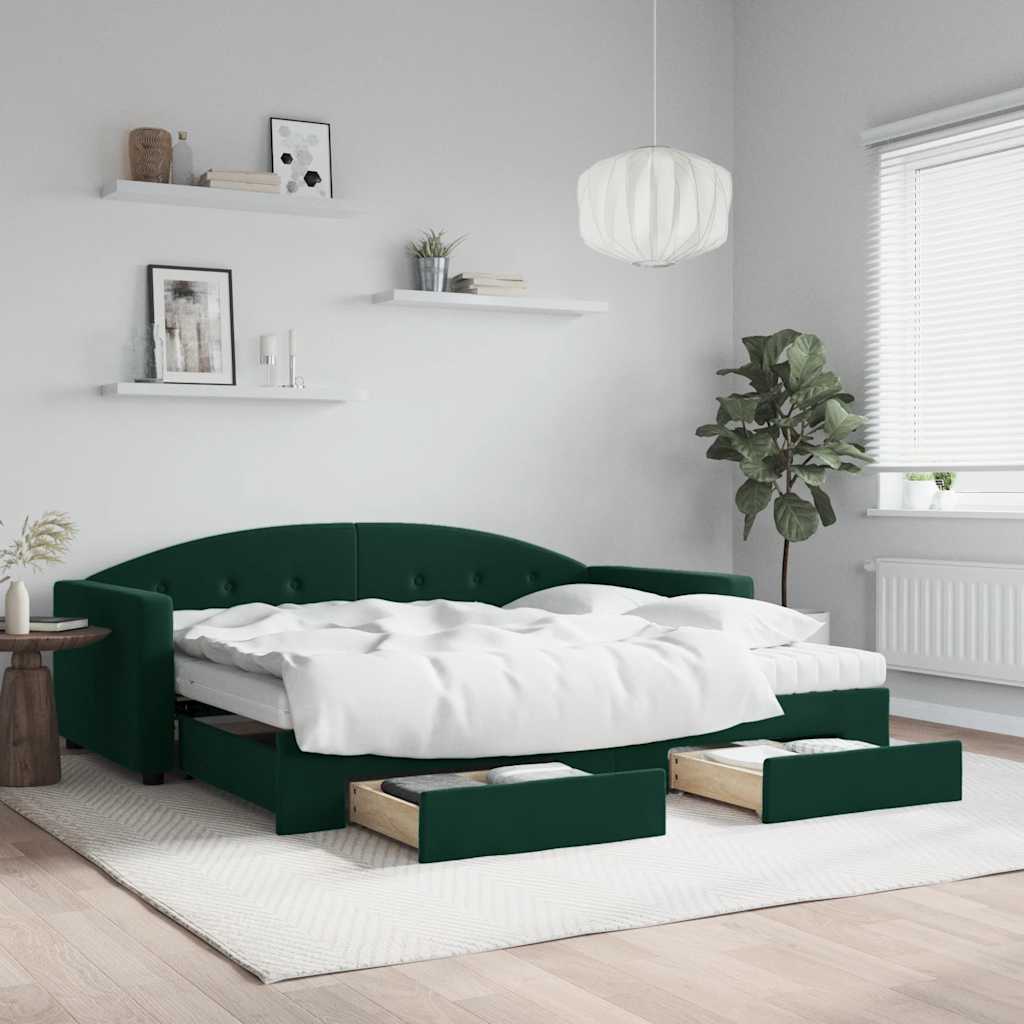 Tagesbett Ausziehbar mit Schubladen Dunkelgrün 90x200 cm Samt