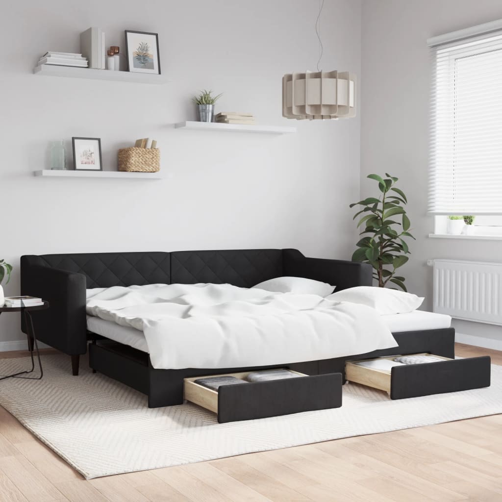 Tagesbett Ausziehbar mit Schubladen Schwarz 100x200 cm Stoff
