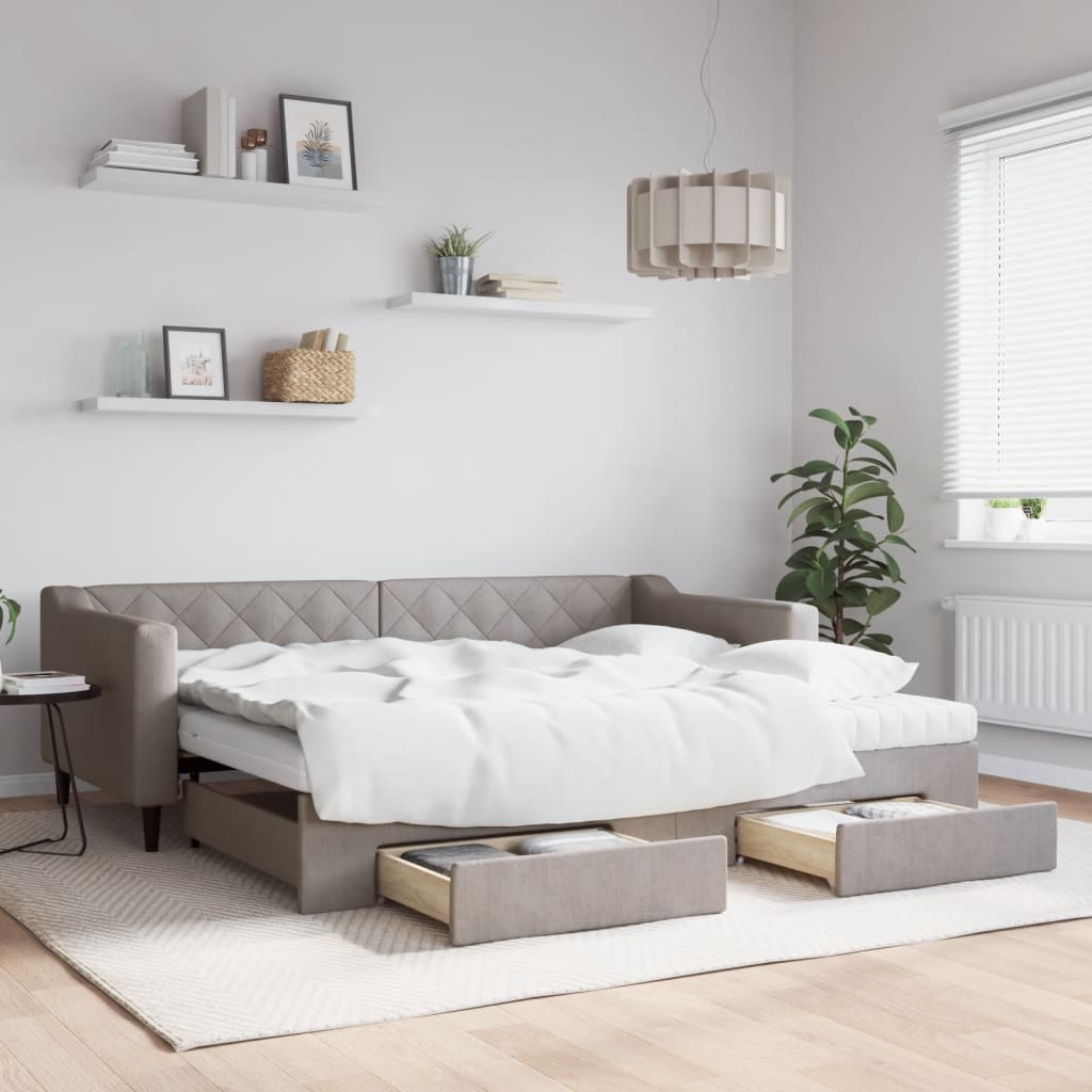Tagesbett Ausziehbar mit Schubladen Taupe 90x200 cm Stoff