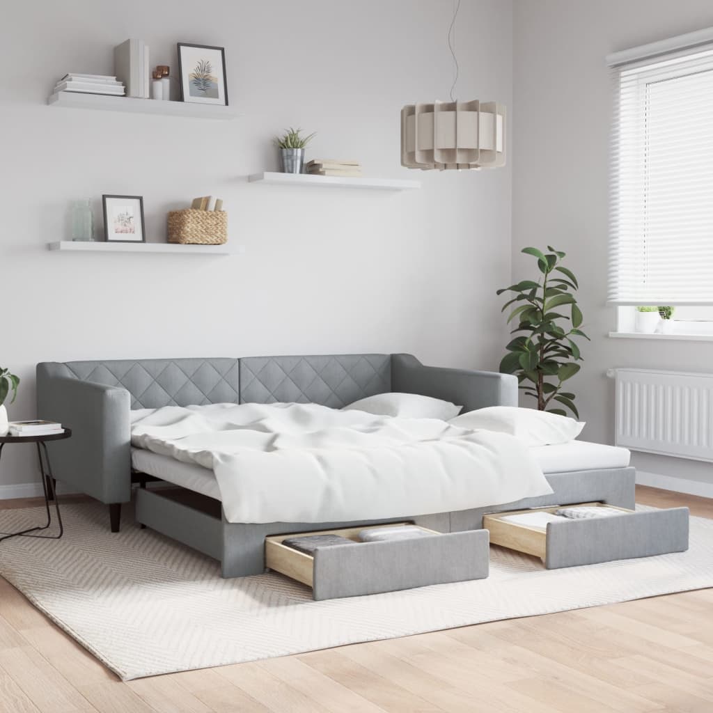 Tagesbett Ausziehbar mit Schubladen Hellgrau 100x190 cm Stoff