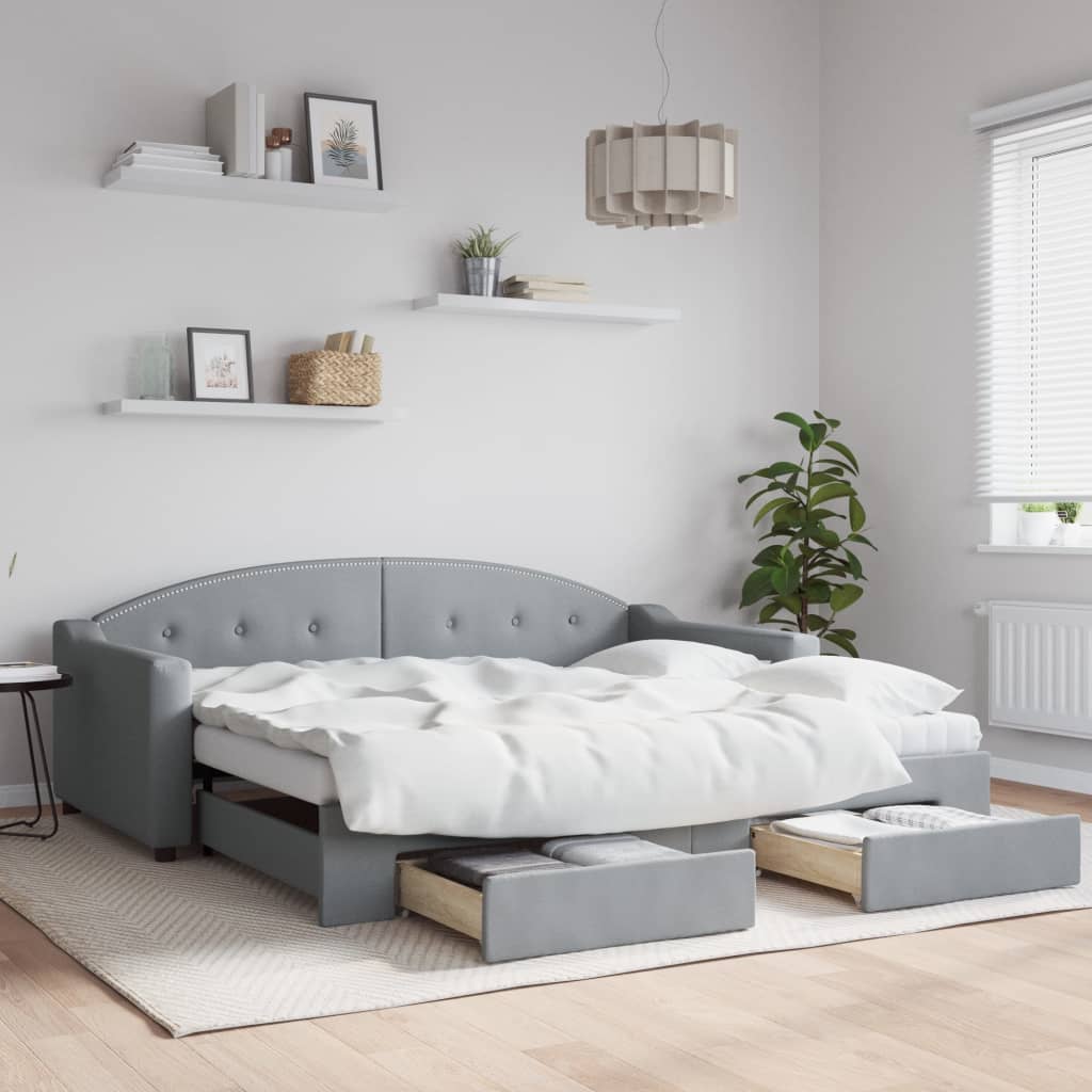 Tagesbett Ausziehbar mit Schubladen Hellgrau 90x190 cm Stoff