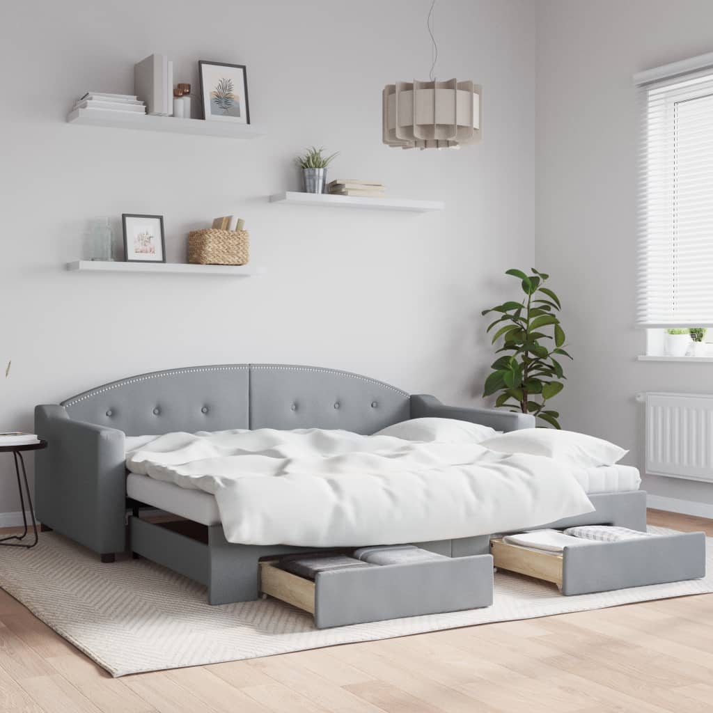Tagesbett Ausziehbar mit Schubladen Hellgrau 90x190 cm Stoff