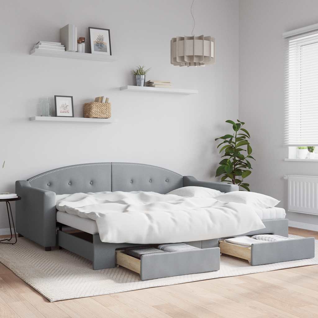 Tagesbett Ausziehbar mit Schubladen Hellgrau 100x190 cm Stoff