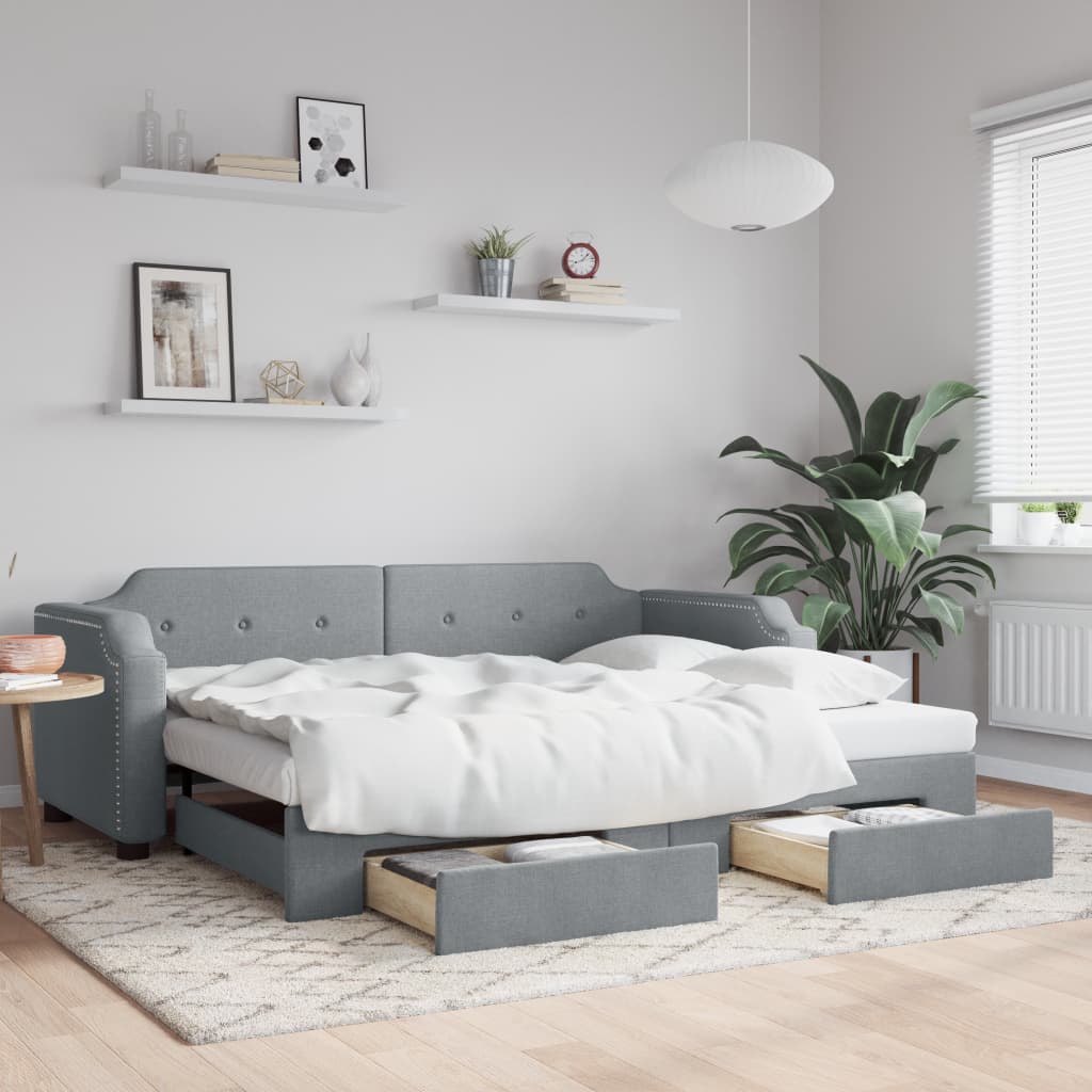Tagesbett Ausziehbar mit Schubladen Hellgrau 100x190 cm Stoff