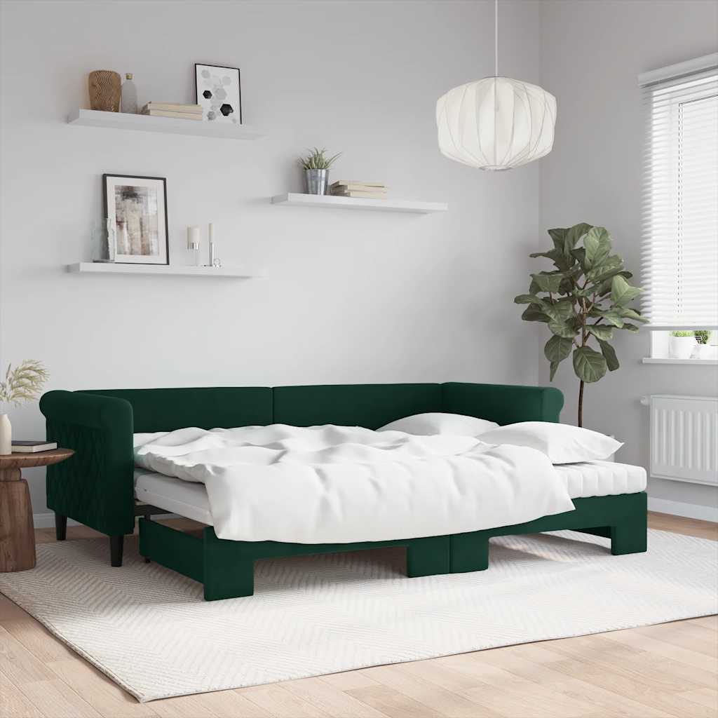 Tagesbett Ausziehbar mit Matratzen Dunkelgrün 80x200 cm Samt
