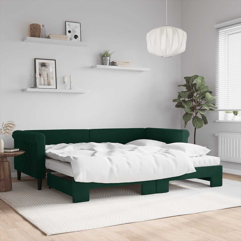 Tagesbett Ausziehbar mit Matratzen Dunkelgrün 90x200 cm Samt