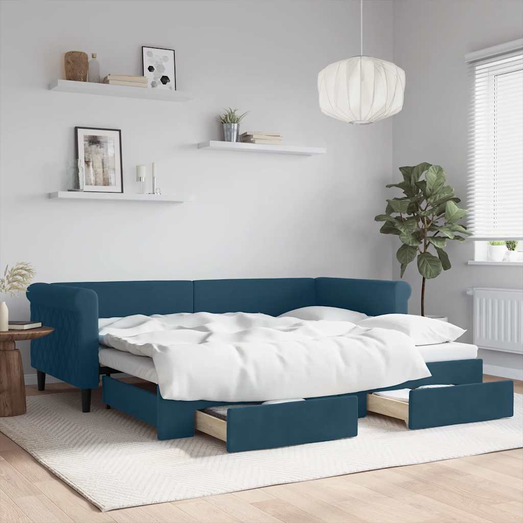 Tagesbett Ausziehbar mit Schubladen Blau 90x200 cm Samt