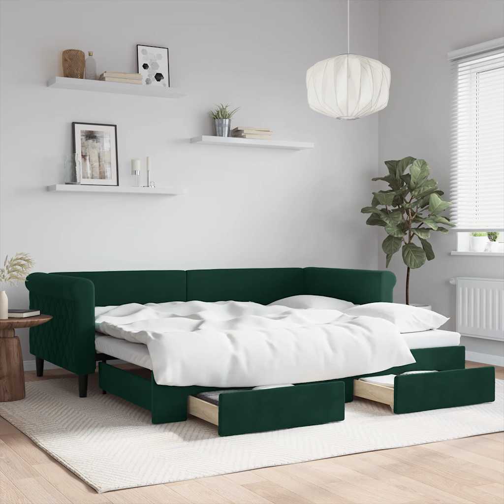 Tagesbett Ausziehbar mit Schubladen Dunkelgrün 90x200 cm Samt