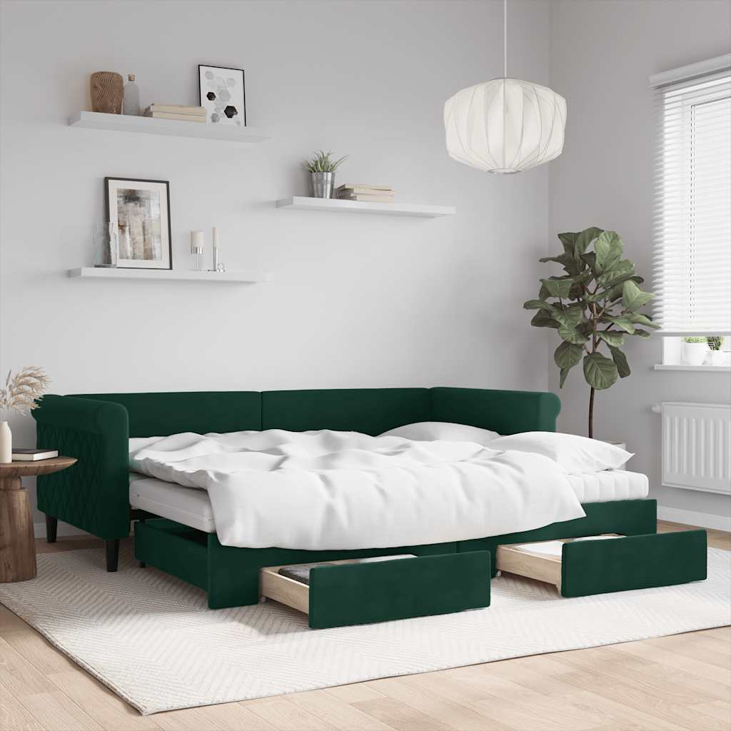 Tagesbett Ausziehbar mit Schubladen Dunkelgrün 90x200 cm Samt