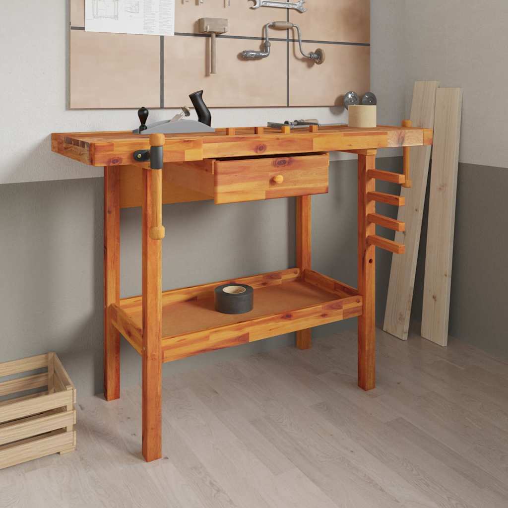 Werkbank mit Schublade und Schraubstöcken 124 x 52 x 83 cm Massivholz Akazie