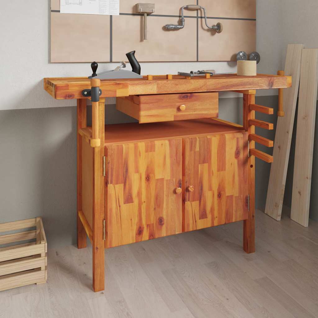 Werkbank mit Schublade und Schraubstöcken 124 x 52 x 83 cm Massivholz Akazie
