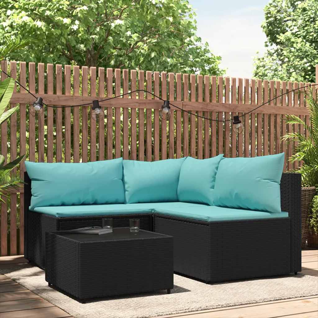 4-tlg. Garten-Lounge-Set mit Kissen Schwarz Poly Rattan