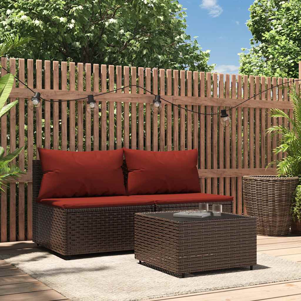 3-tlg. Garten-Lounge-Set mit Kissen Braun Poly Rattan