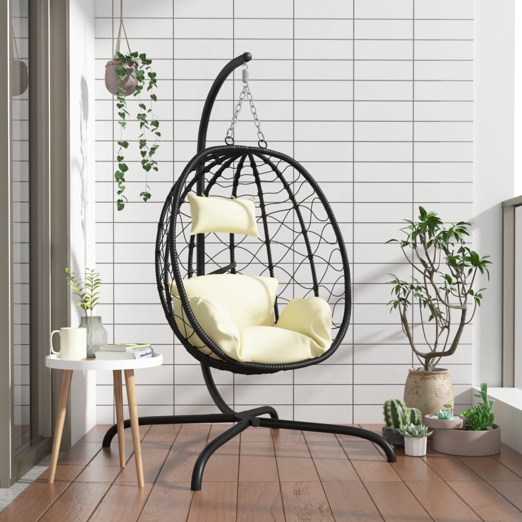 Hängesessel mit Kissen Cremeweiß Poly Rattan & Stahl