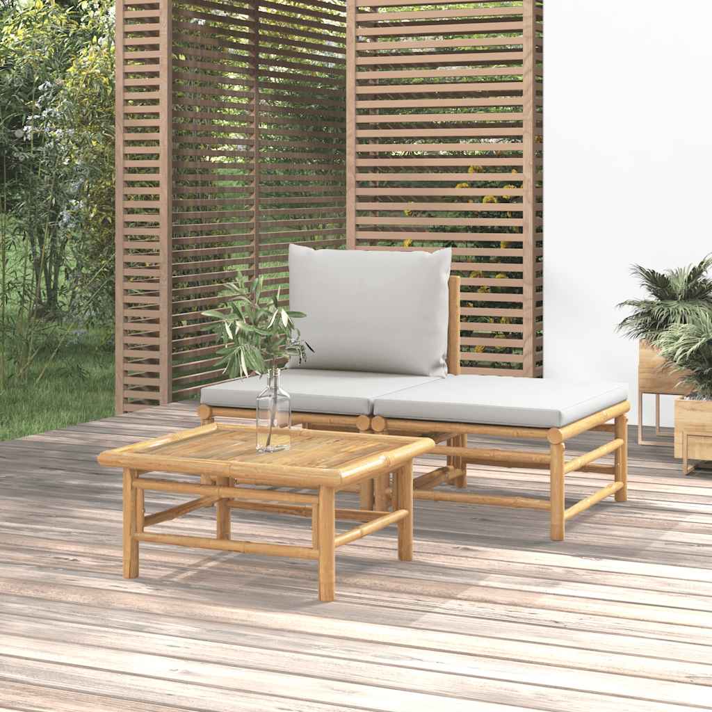 3-tlg. Garten-Lounge-Set mit Hellgrauen Kissen Bambus