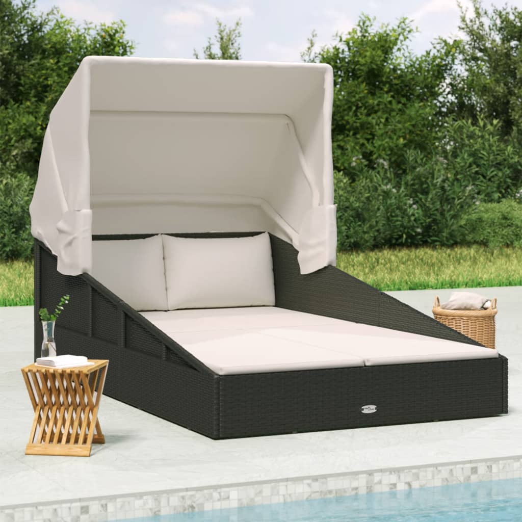 Sonnenliege mit Faltdach Schwarz 200x114x128 cm Poly Rattan