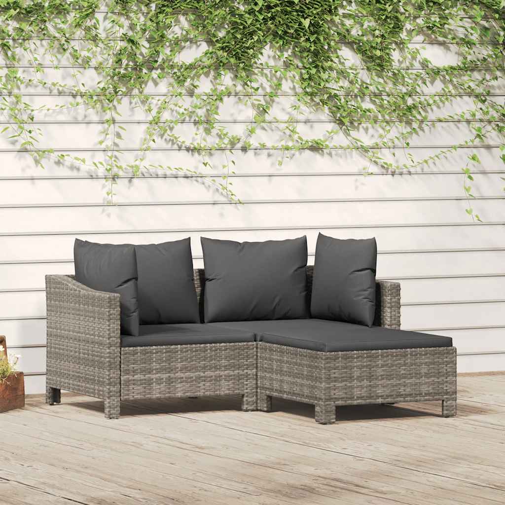 3-tlg. Garten-Lounge-Set mit Kissen Grau Poly Rattan