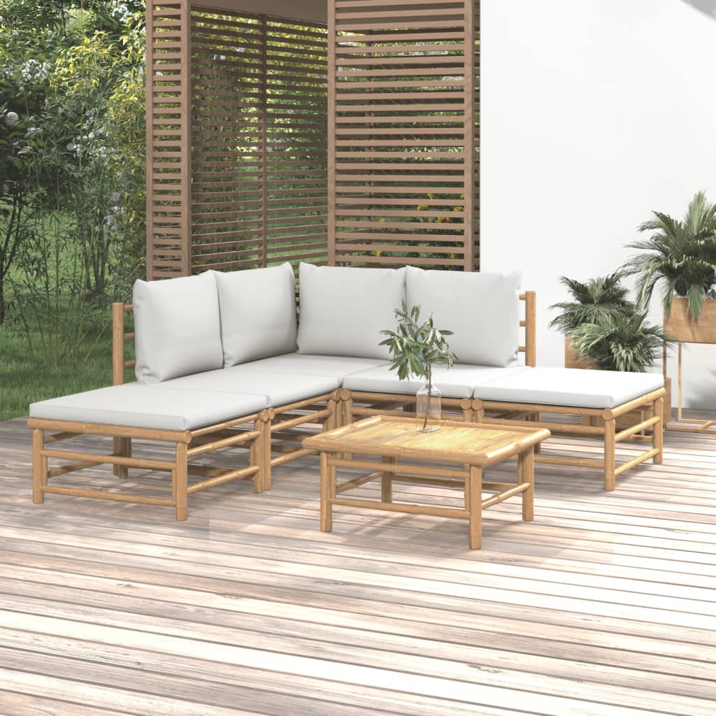6-tlg. Garten-Lounge-Set mit Hellgrauen Kissen Bambus